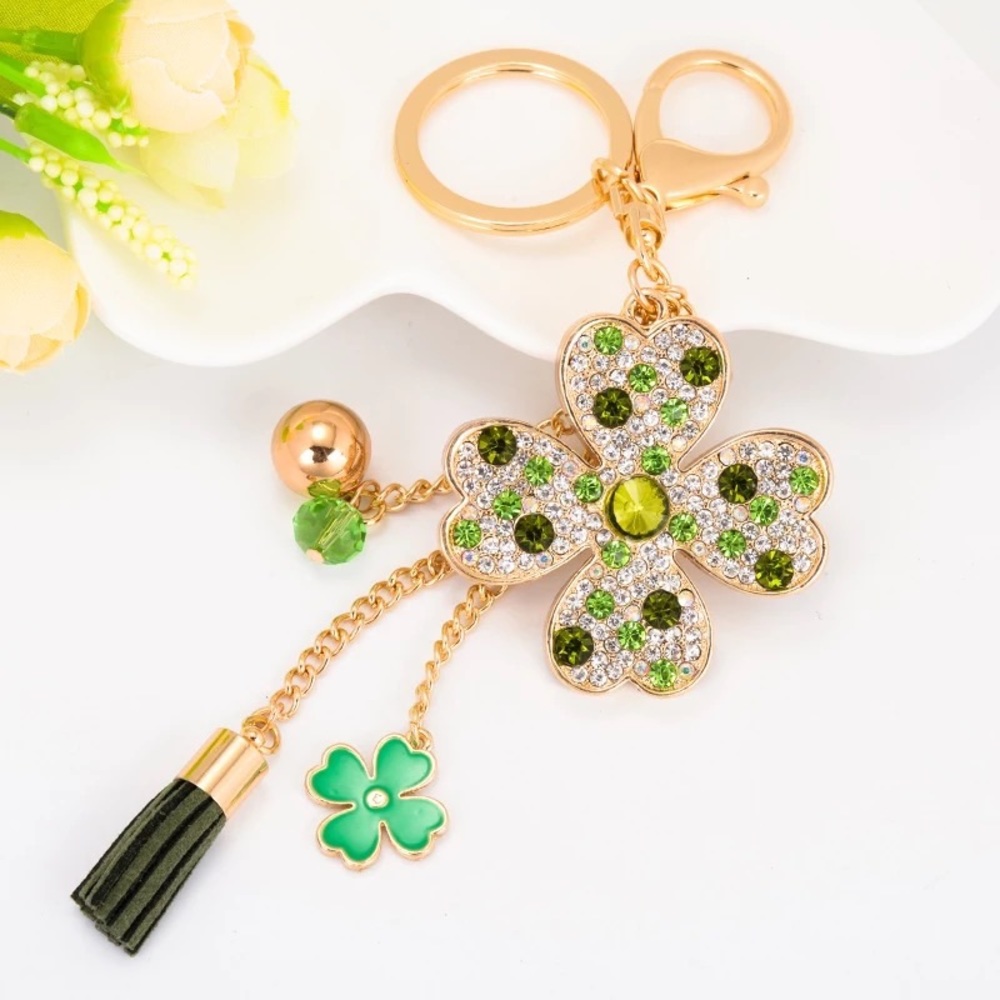 Green & Silver Crystal Four Leaf Clover Keychain with Tassel Charms